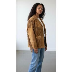 Vintage Irvine Park fringe western native american tan leather suede coat med